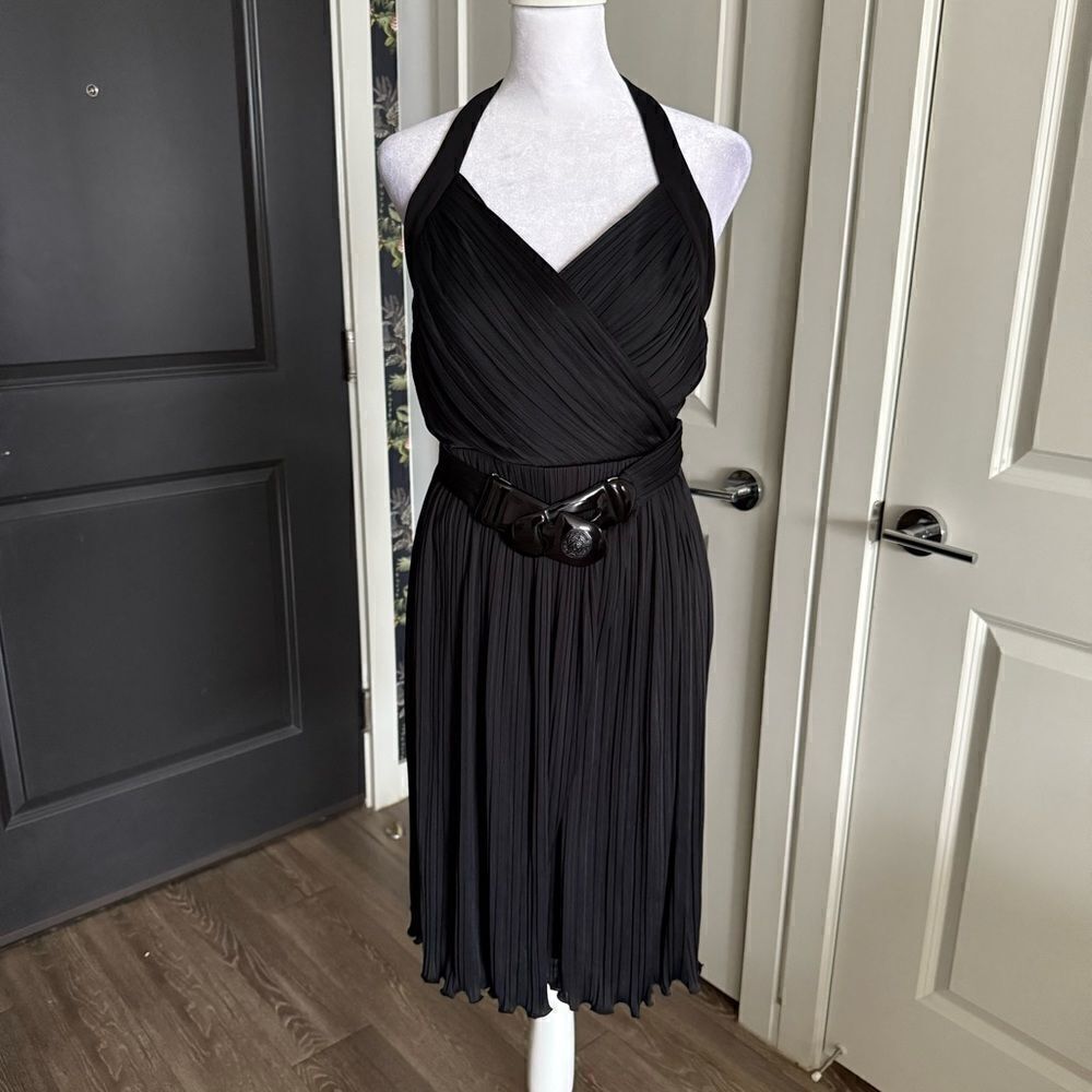 Vintage Y2K Versace Black Pleated Halter Dress with Medusa Belt Size IT 44 US M